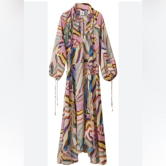 H&M Studio Collection Multicolor Rainbow Silk Maxi Balloon Sleeve Dress - Picture 3 of 8